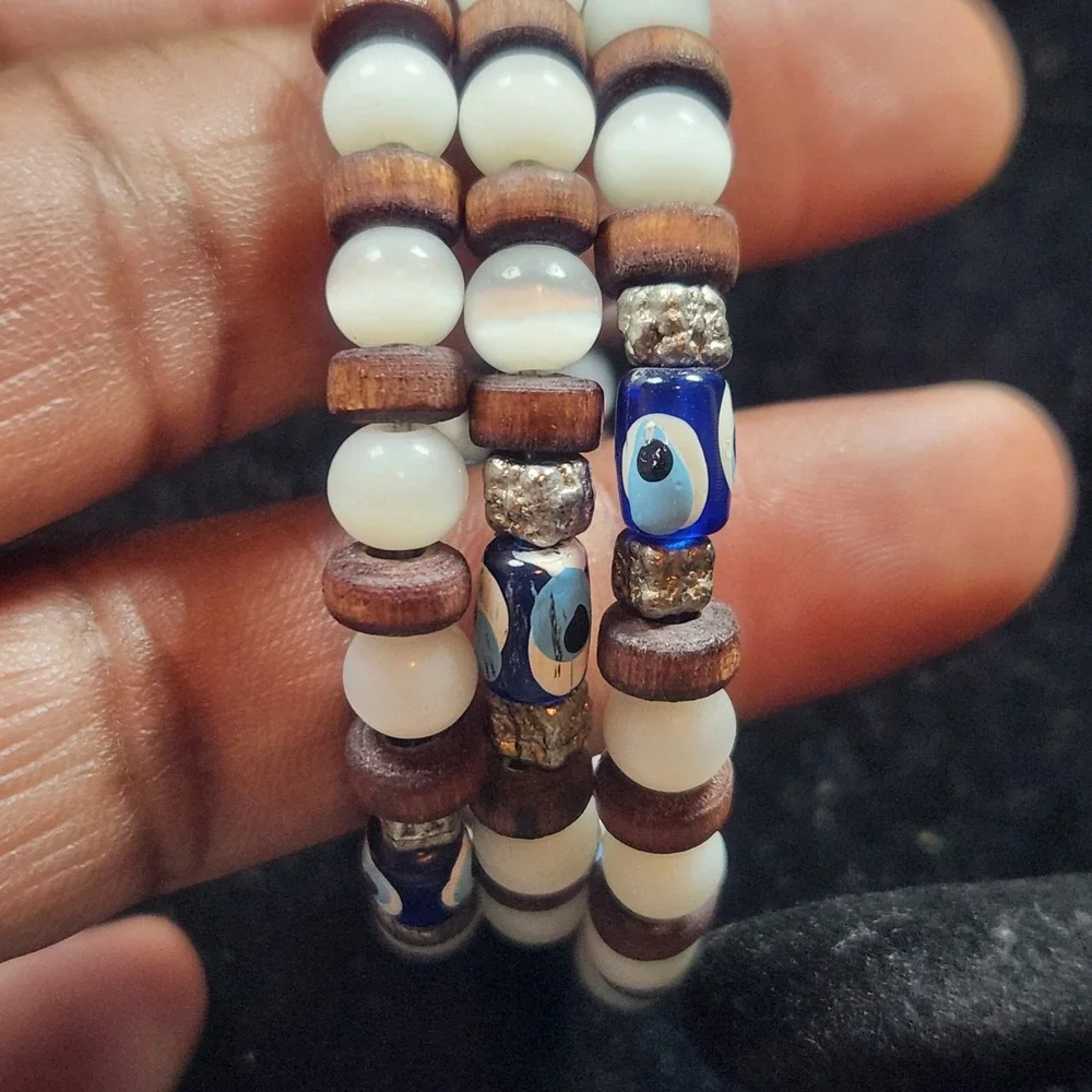 Evil Eye Wood Bead Wrap Bracelet Triple Strand Boho Protection Charm Blue White